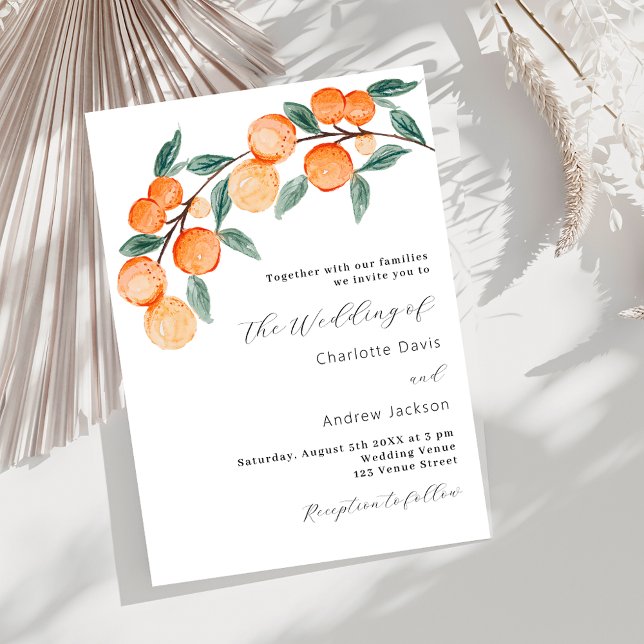 Citrus oranges watercolored modern script wedding invitation (Creator Uploaded)
