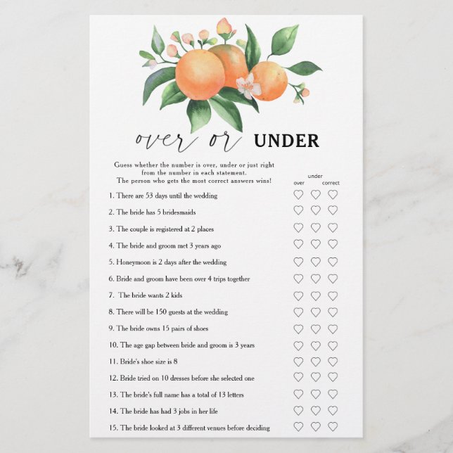 Citrus - Over or under bridal shower game (Front)