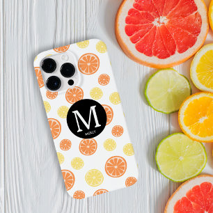 Citrus Pattern Orange Lemon Round Monogram White iPhone 14 Pro Max Case
