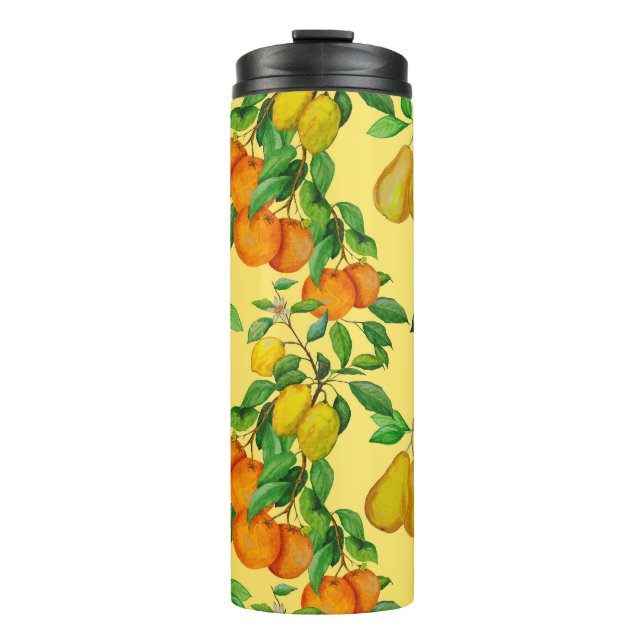 Citrus, pear, cherry: watercolor print. thermal tumbler (Front)