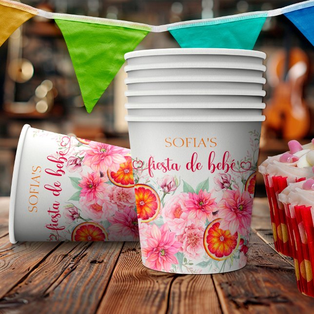Citrus & Pink Flowers Spanish Baby Shower Paper Cups (Citrus & Pink Watercolor Flower Spanish Baby Shower Paper Cups)