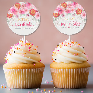 Citrus Pink Watercolor Flowers Spanish Baby Shower Classic Round Sticker