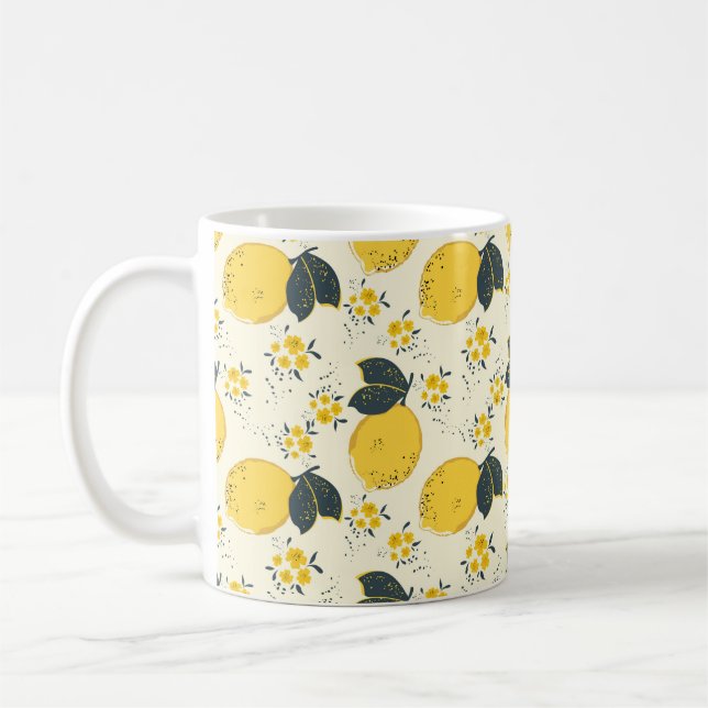 Citrus seamless pattern with colourful yellow lemo coffee mug (Left)