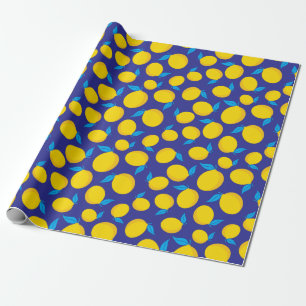 Citrus Summer Lemons Dark Blue Seamless Birthday Wrapping Paper