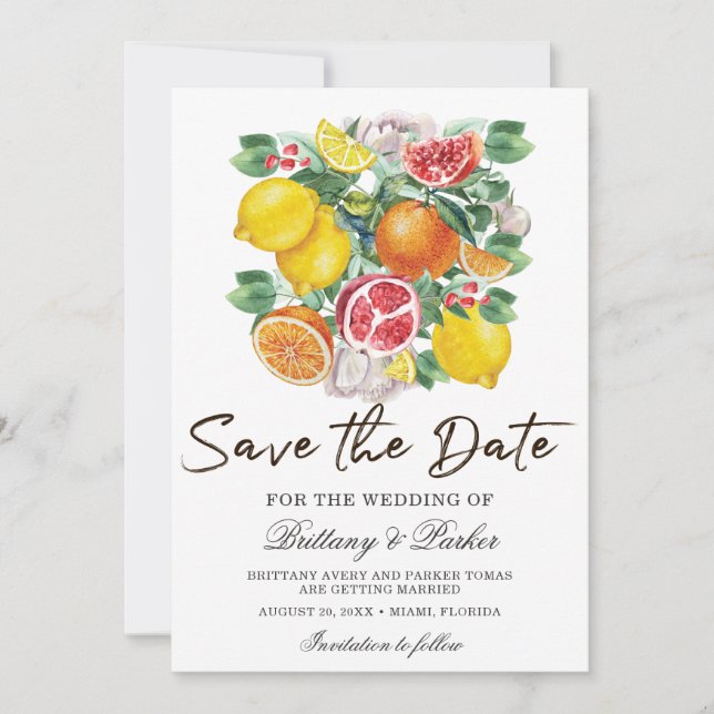 Citrus Watercolor Botanical Wedding Photo Save The Date (Front)