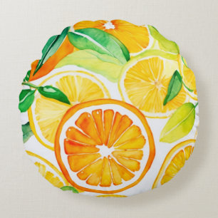 Citrus Watercolor Oranges & Lemons  Round Pillow