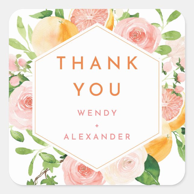 Citrus Watercolor Wedding Thank You Square Sticker (Front)