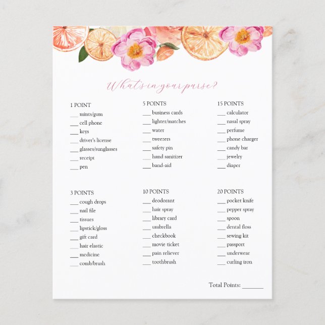 Citrus What's in Your Purse Bridal Shower Game  (Front)