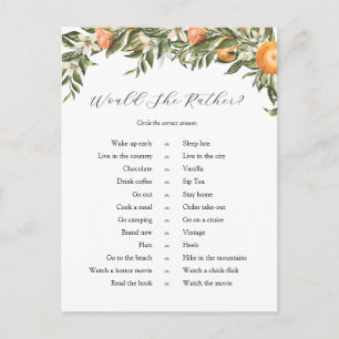 Citrus Would She Rather Bridal Shower Game Postcard