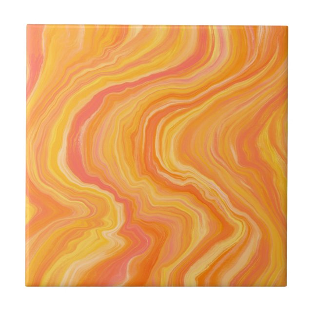 Citrus Yellow and Orange Wavy Stripes Tile (Front)