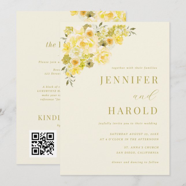Citrus Yellow & Green Floral All in One Wedding Invitation (Front/Back)