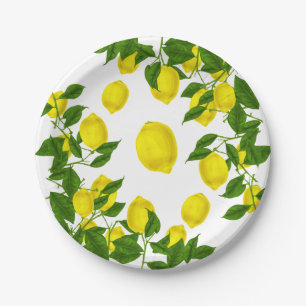Citrus Yellow Lemon Green Leaves Wedding Party Paper Plate
