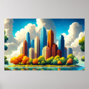 City Architecture Design Watercolour Drawing Poster