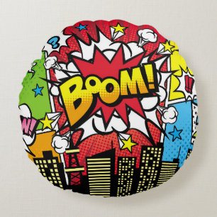 City background material with comic art style spee round pillow
