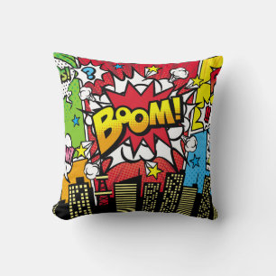 City background material with comic art style spee throw pillow