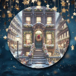 City Brownstone at Christmas  Classic Round Sticker<br><div class="desc">Christmas stickers. Ai illustration of a festive Brownstone city apartment in the  middle of the city.</div>