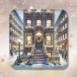 City Brownstone at Christmas  Square Sticker<br><div class="desc">Christmas stickers. Ai illustration of a festive Brownstone city apartment in the  middle of the city.</div>
