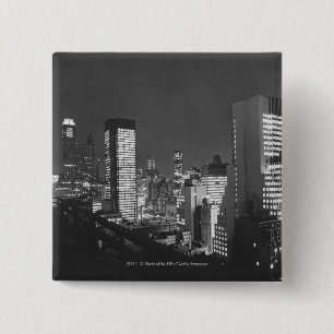 City buildings at night B&W, elevated view 2 Inch Square Button