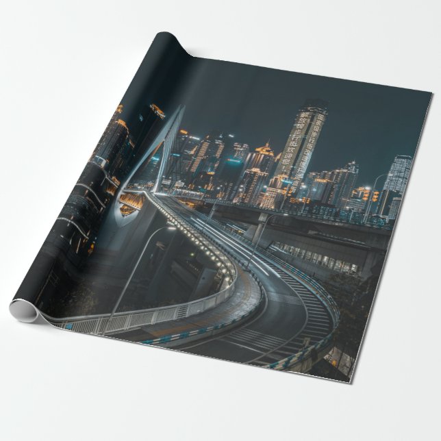 CITY BUILDINGS DURING NIGHT TIME WRAPPING PAPER (Unrolled)