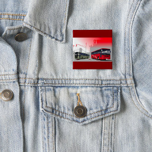 City Buses Red Green Coaches on Urban Street 2 Inch Square Button