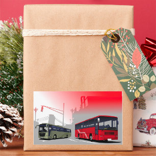 City Buses Red Green Coaches on Urban Street Sticker