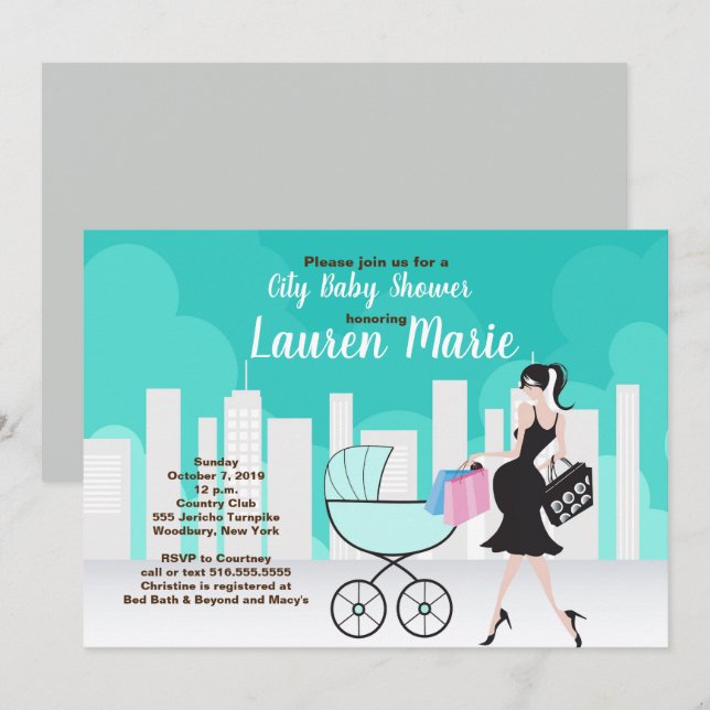 City Carriage Neutral Pregnant mom Baby Shower Invitation (Front/Back)