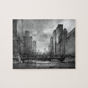 City - Chicago, IL - Looking toward the future BW Jigsaw Puzzle