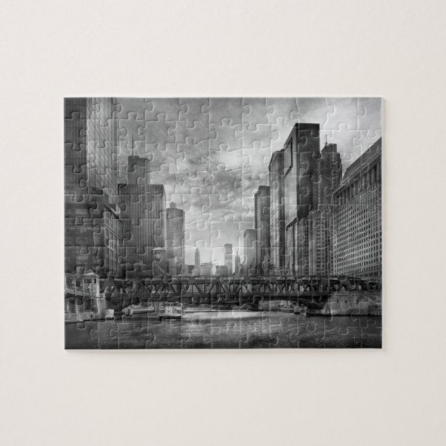 City - Chicago, IL - Looking toward the future BW Jigsaw Puzzle (Horizontal)