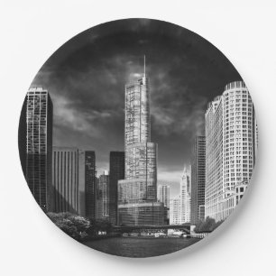 City - Chicago IL - Trump Tower BW Paper Plate