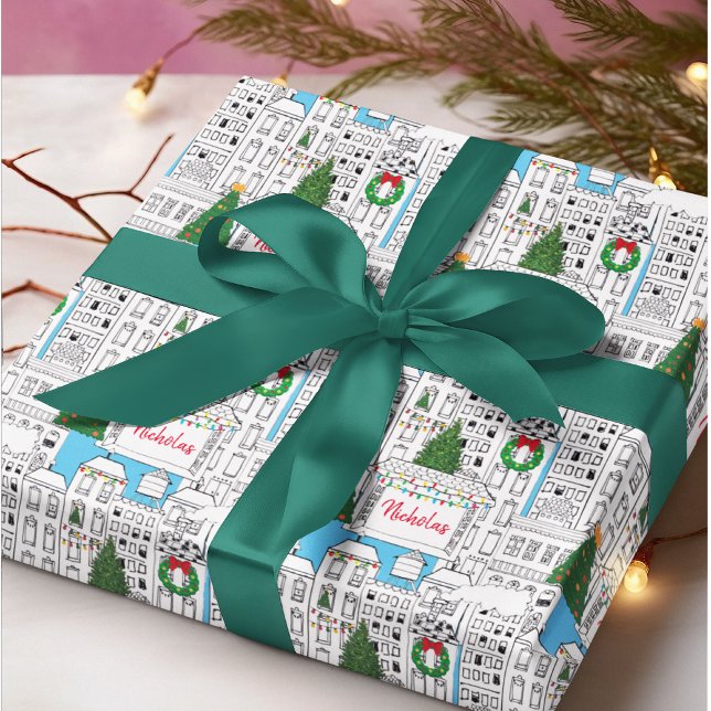 City Christmas Hand-Drawn Personalized Cityscape Wrapping Paper (Put your family name or the name of a loved one on this unique Christmas in the City gift wrap!)