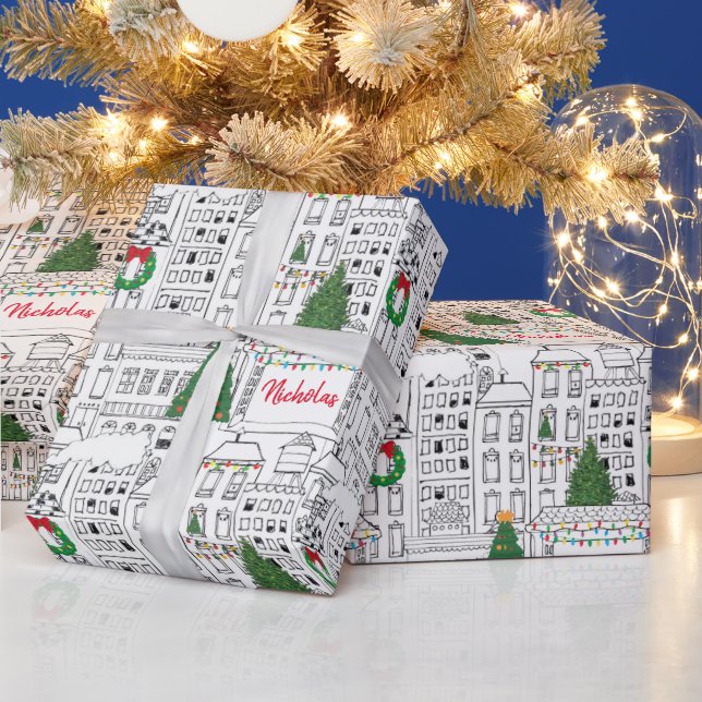 City Christmas Hand-Drawn Personalized Pattern Wrapping Paper (Holidays)