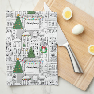 City Christmas Personalized Hand-Drawn Whimsical Kitchen Towel