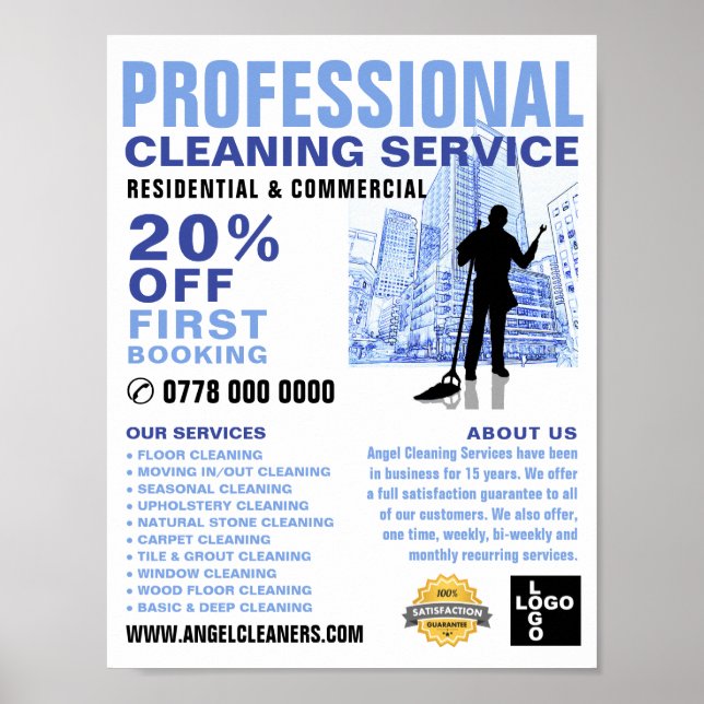 City Cleaner Silhouette, Cleaning Service Advert Poster (Front)
