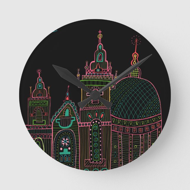 City Glow Bright Neon on Black  Round Clock (Front)