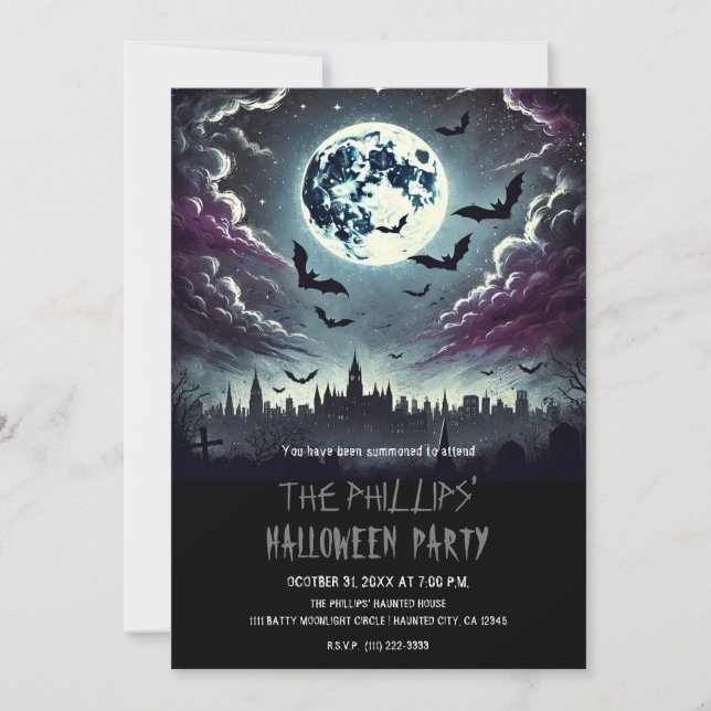 City Graveyard Bats in Moonlight Halloween Party Invitation (Front)