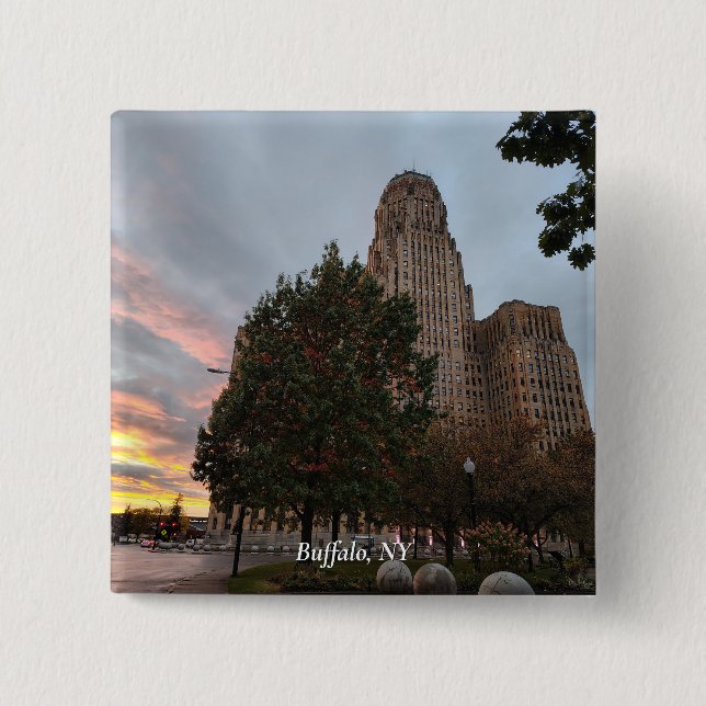 City Hall and Sunset 2 Inch Square Button (Front)