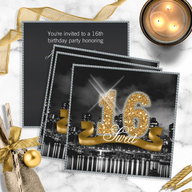 City Lights Sweet Sixteen Gold ID243 Invitation (Creator Uploaded)
