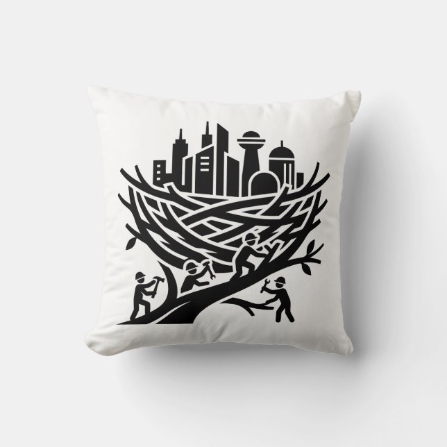 City nest builder constructing a massive new world throw pillow (Front)
