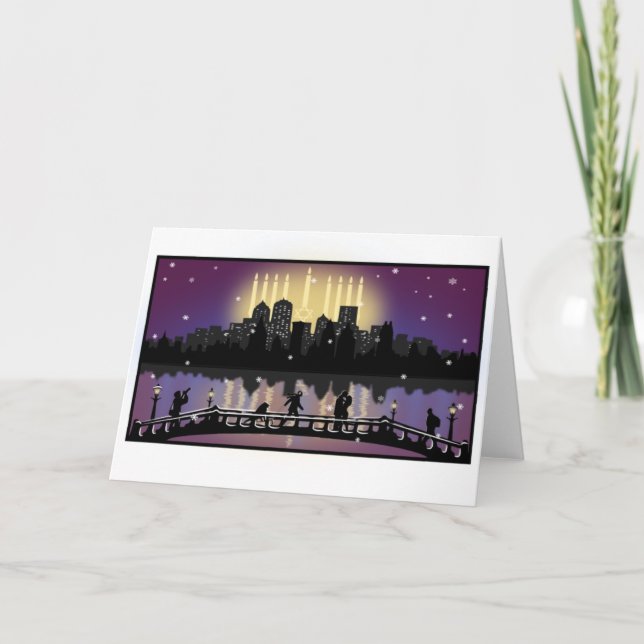 City Night Skyline Hanukkah Menorah Greeting Card (Front)