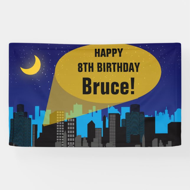City Night Skyline Superhero Boys Birthday Party Banner (Horizontal)