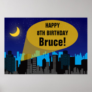 City Night Skyline Superhero Boys Birthday Party Poster