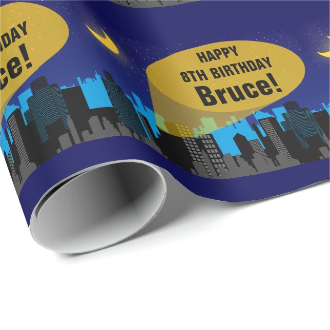 City Night Skyline Superhero Boys Birthday Party Wrapping Paper (Roll Corner)