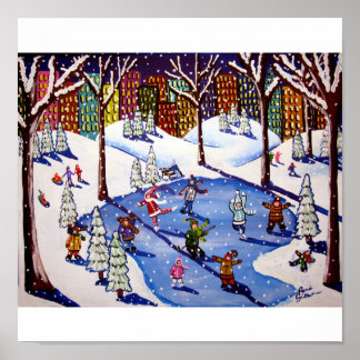 City NYC Ice Skating Fun Winter Folk Art Print