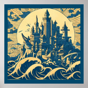 City of Atlantis 3 - Woodblock Style Poster