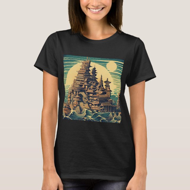 City of Atlantis 4 - Woodblock Style T-Shirt (Front)