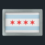 City of Chicago Flag Souvenir Rectangular Belt Buckle<br><div class="desc">Rectangular design based on Chicago's flag with white, light blue stripes and red stars. If you'd like to add a personalized text message, you can match the colours with codes FF0000 for red, B3DDF2 for the light blue, or even white. Create a gift for one of the groomsman at your...</div>