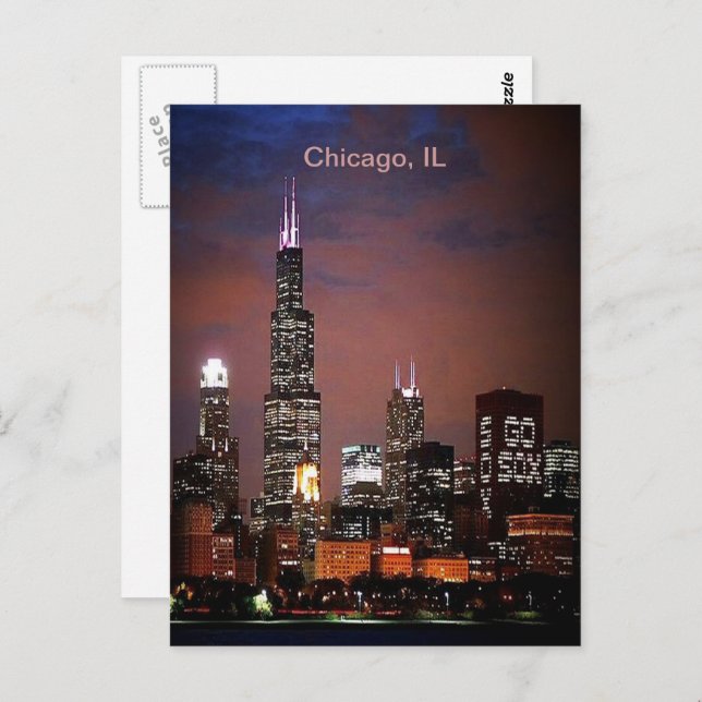 City of Chicago Illinois Night Skyline Postcard (Front/Back)