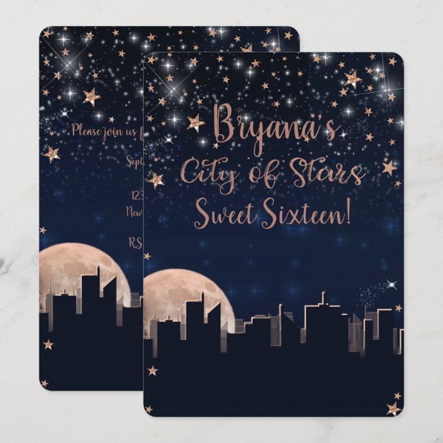 City of Stars Rose Gold Stars Blue Celestial Sky Invitation (Front/Back)