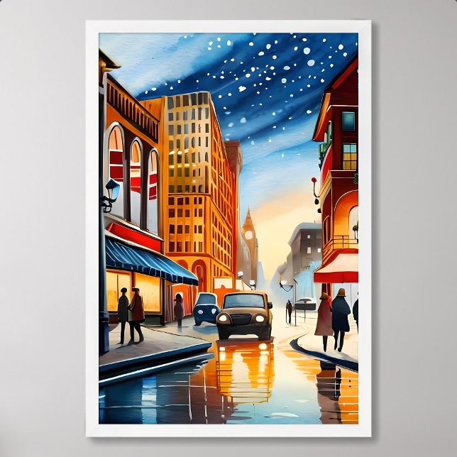 city painting colourful light night winter snow ca poster (city painting colorful light night winter snow car)