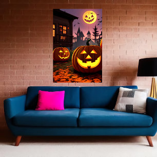 City, pumpkin and pumpkin moon AI Art Poster